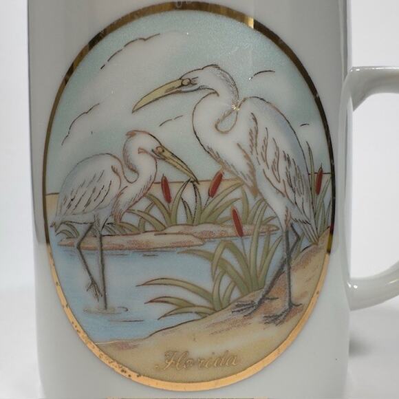 Lefton Japan Souvenir Mug/Cup Florida Egret Waterfowl Birds Gold Trim 1987 VTG - Picture 15 of 15